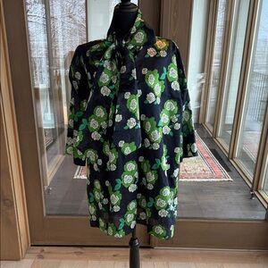 Black Floral Mini Dress with Green and White Rose Print